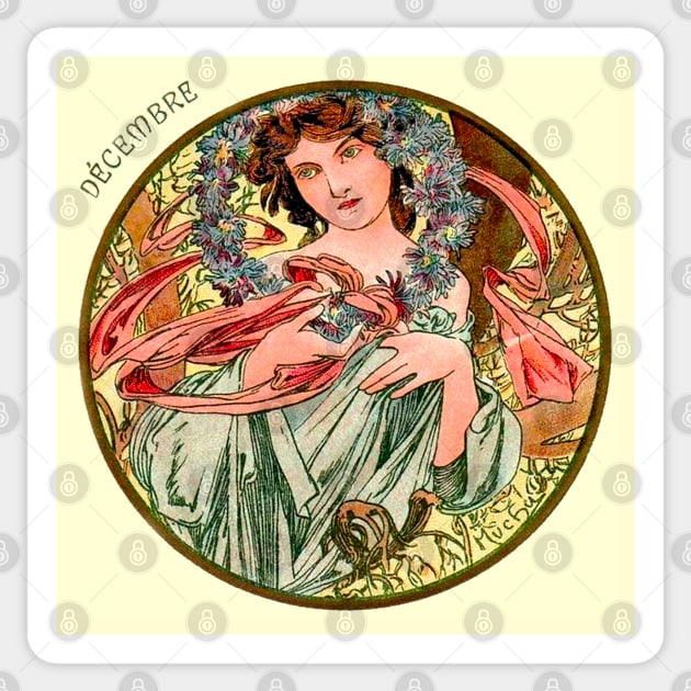 Art Nouveau December Calendar Alphonse Mucha Sticker by JoolyA